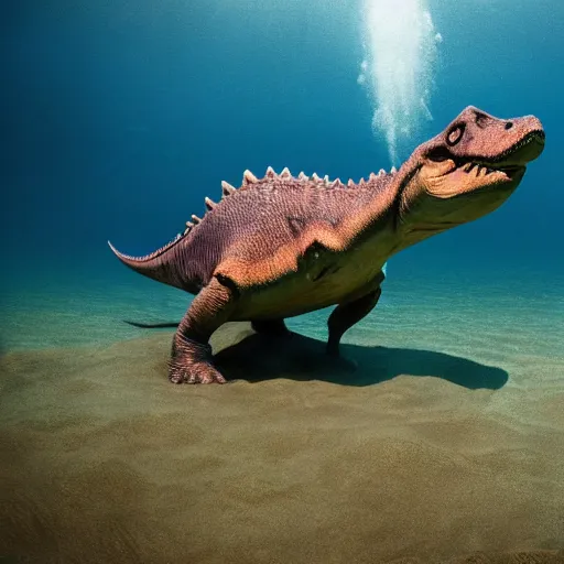 Image similar to an award winning national geographic photo of a swimming dinosaur deep in the ocean