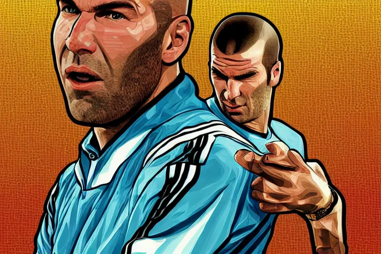 Prompt: illustration of zinedine zidane in a gta waiting screen, gold chain, los angeles, by stephen bliss