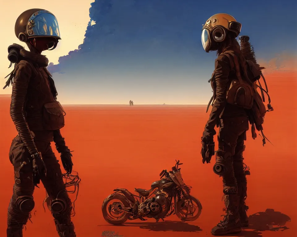 Image similar to a ultradetailed beautiful panting of post apocalyptic biker with helmet in front of burning desert, by ilya kuvshinov, greg rutkowski and makoto shinkai, trending on artstation