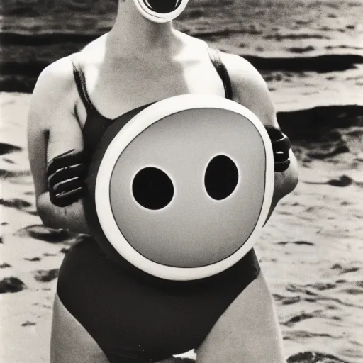 Image similar to 1976 woman wearing a happy squishy inflatable prosthetic mask with googly eyes, soft color wearing a swimsuit at the beach 1976 color film 16mm holding a an inflatable fish Fellini John Waters Russ Meyer Doris Wishman old photo