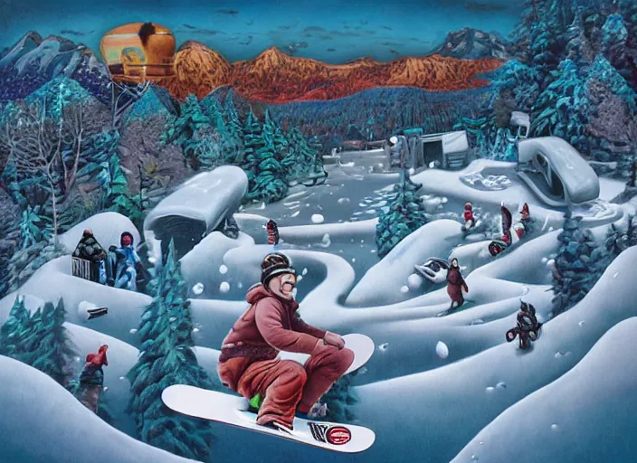 Prompt: snowboarding to another dimension, lowbrow, matte painting, 3 - d highly detailed, in the style of mark ryden,