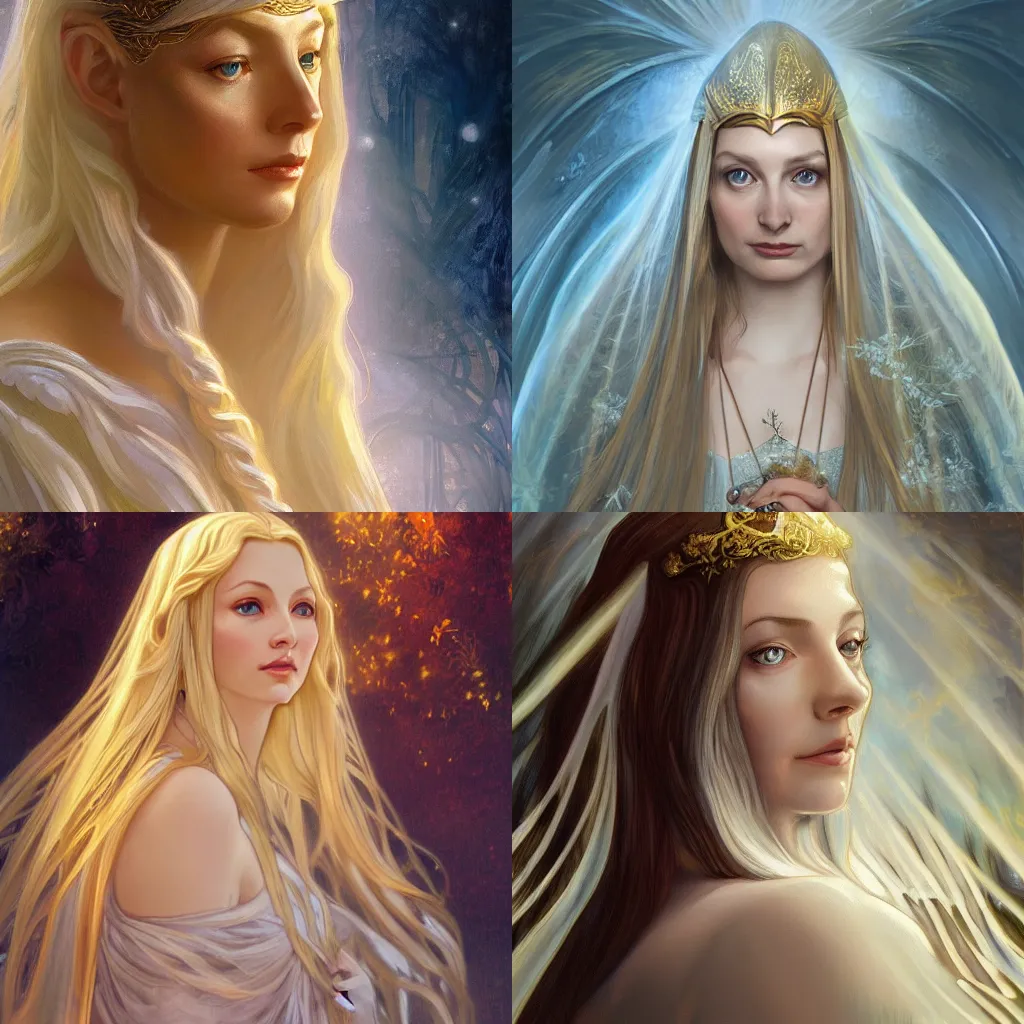 Prompt: galadriel from lord of the rings, digital portrait, high quality brushstrokes and ethereal lighting, flowing hair, silver and gold tones, alphonse mucha, diego fernandez, Janice Sung, artstation, deviantart, pixiv
