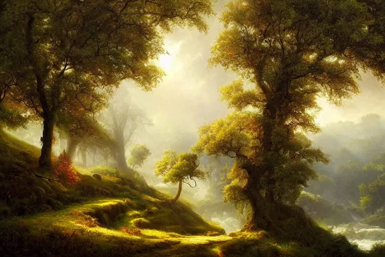 Prompt: masterpiece painting of oak trees on a hillside overlooking a creek, dramatic lighting, by jonas de ro