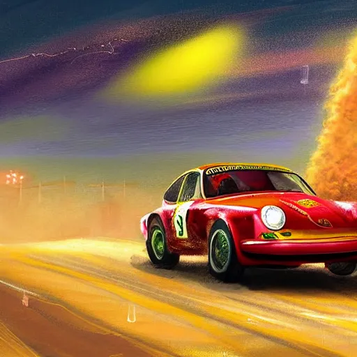 Prompt: a 70's porche rally car races down a sand covered 2 lane road, towards the high rises in Dubai in front of a dust storm, lightning bolts strike in the sky, sun shines down on the car, there is a magical ambiance in the air, fantasy illustration, detailed painting, and deep color