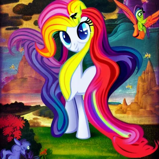 Image similar to my little pony painted in the style of renaissance paintings and lisa frank