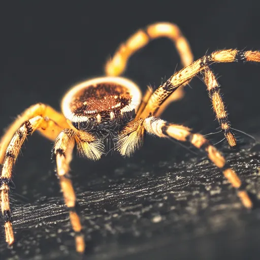 Prompt: macro lens photo of a spider, dynamic lighting, photorealistic, ultra detailed, stunning visuals, blur, studio photo, studio quality lighting, 8 k