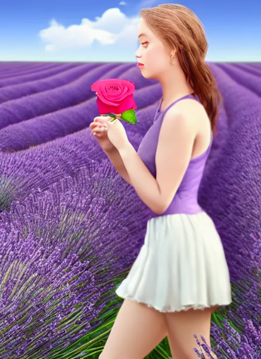 Prompt: girl eating a rose in a lavender field. by AquaSixio, hyperrealistic illustration, digital art, 4k, very detailed faces