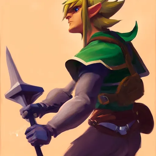 Image similar to greg manchess portrait painting of link from legend of zelda as overwatch character, medium shot, asymmetrical, profile picture, organic painting, sunny day, matte painting, bold shapes, hard edges, street art, trending on artstation, by huang guangjian and gil elvgren and sachin teng