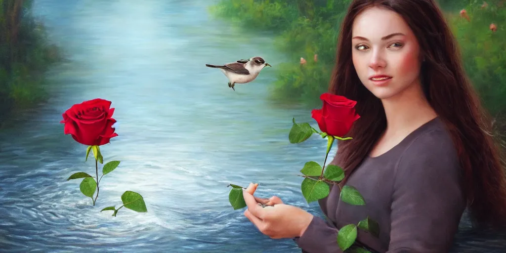 Image similar to portrait of bird holding a rose in a river. hyperrealistic oil painting, 4k, studio lightning, very detailed faces