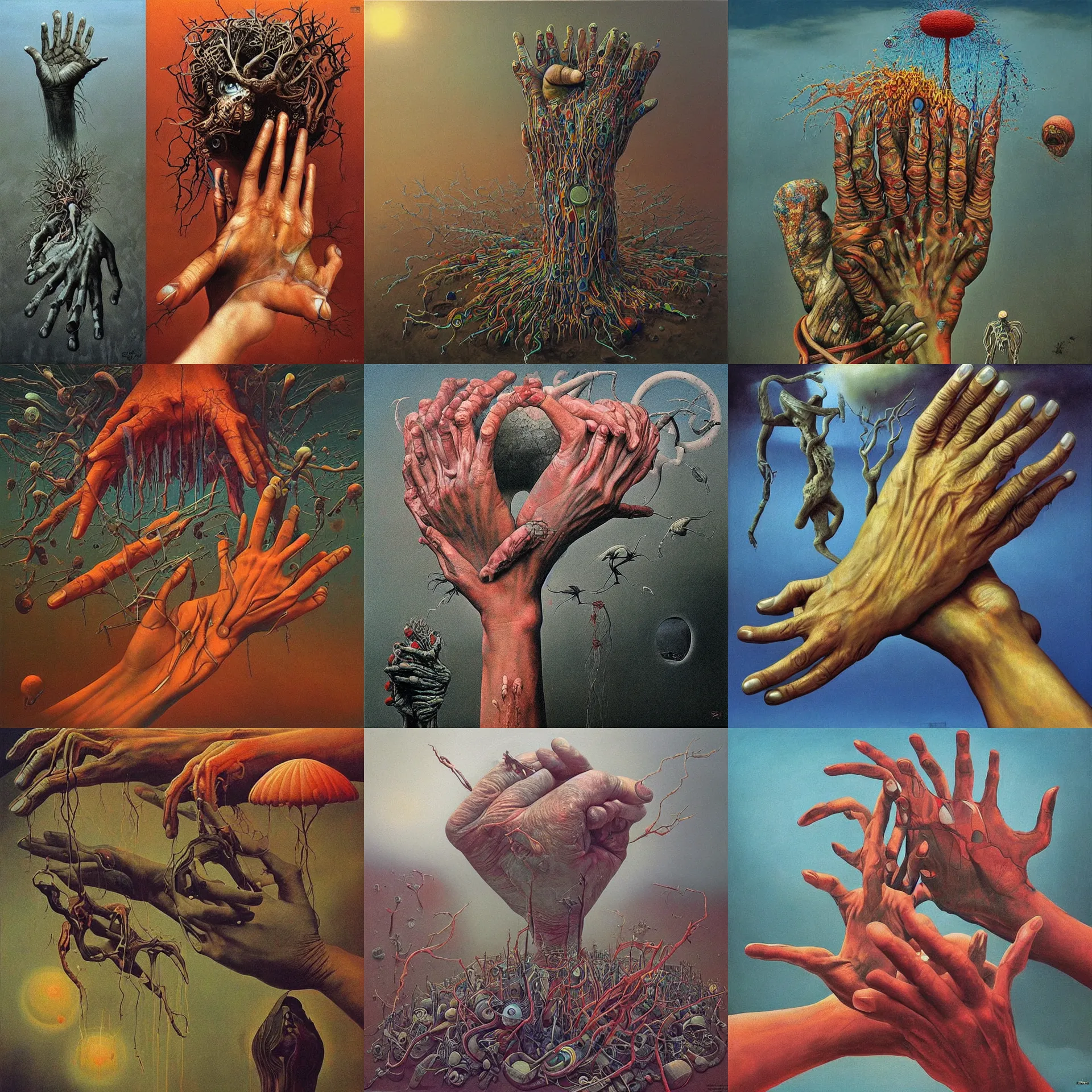 Prompt: Painting, Creative Design, album cover art, Biopunk, hand, surrealist, by Zdzisław Beksiński and storm thorgerson