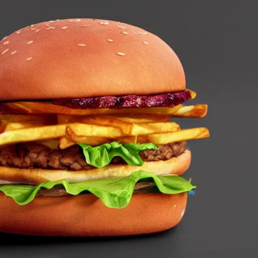 Prompt: a very realistic picture of a hamburger with french fries , ultra realistic, hyper detail,