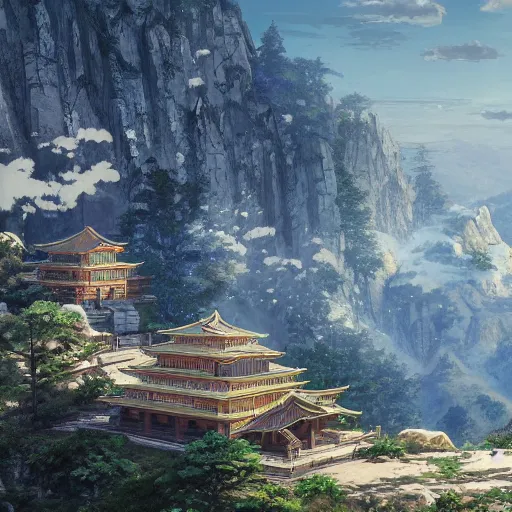 Image similar to concept art painting of a light marble temple on top of a mountain, with greek and japanese architecture, overlooking a valley with a village below, realistic, detailed, cel shaded, in the style of makoto shinkai and greg rutkowski and albert bierstadt and james gurney