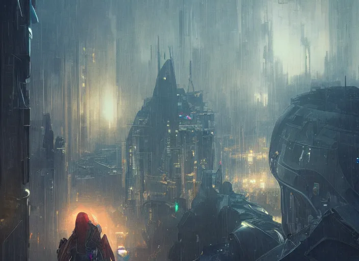 Image similar to giant spaceship, city is pure wasteland, rain, dusk, low saturation, glowing lights, alphonse mucha, greg rutkowski, trending on artstation, artgerm, breathtaking, sharp focus, smooth, mark arian, award winning, highly detailed 4 k art