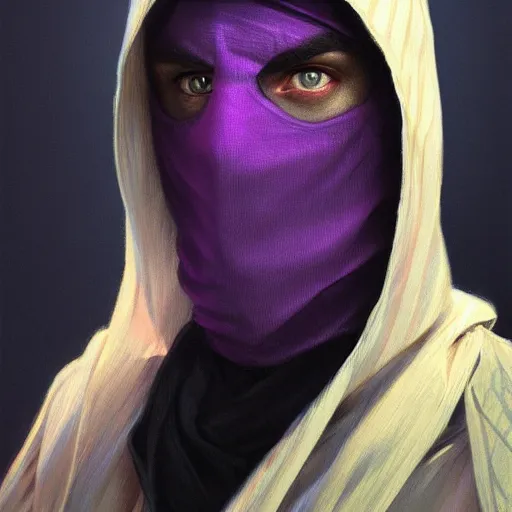 Image similar to ultra realistic illustration, man in a black hood, in a striped purple balaclava, mysterious, highly detailed, digital painting, artstation, concept art, smooth, sharp focus, illustration, art by artgerm and greg rutkowski and alphonse mucha