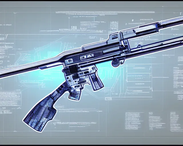 Prompt: schematic of a futuristic plasma rifle, blueprint, HD, full shot 4k