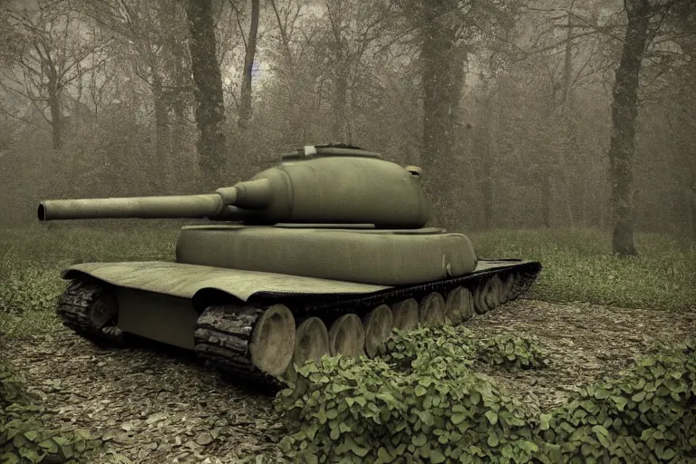 Image similar to 3d render of M4A3 Sherman hidden in bush camo netting dark gritty photo ((((grunge)))) barrel peaking out of the bush ((((((green grey color palette) cinematic ((((((Fury 2014 film)))))) detailed european forest Belgium summer overcast cloudy day