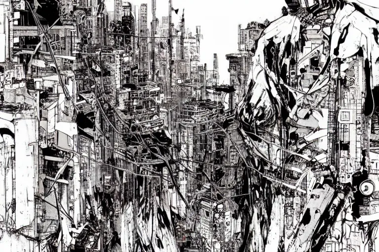 Prompt: remnants of the human civilization in post - apocalyspe, a color illustration by tsutomu nihei, tetsuo hara and katsuhiro otomo