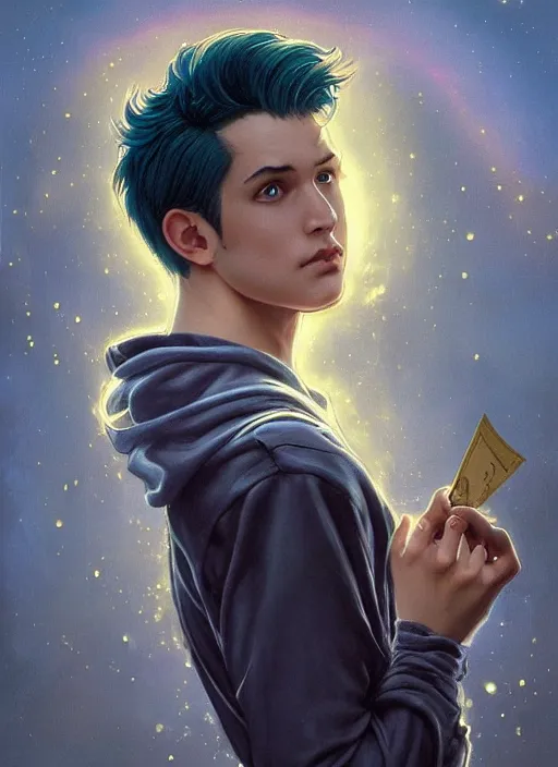 Image similar to handsome young man with short black hair, light blue eyes, detailed neighbourhood background, magical atmosphere, tarot card, glowing, golden hour, wearing jeans and a black hoodie, realistic painting by ross tran and gerald brom and alphonse mucha, trending on artstation