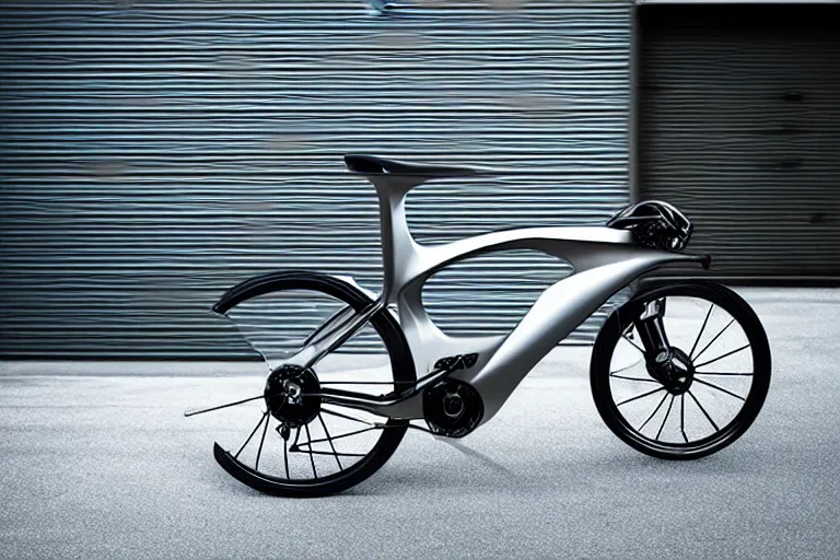 Image similar to A professional garage photograph of a futuristic super bike made of a slick metallic substance.