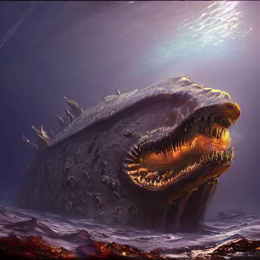 Image similar to a huge eldritch underwater sea monster illuminated by a small submarine spotlight in the depths by Marek Okon, god rays, fantasy art, 4k, HDR, photorealistic, 8k, trending on artstation