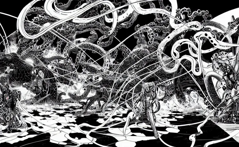 Prompt: black and white avengers with tentacles fights with marvel monsters with wires, isometric, by tsutomu nihei, background cybernetic planets