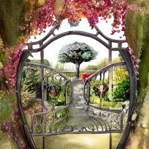 Image similar to delicate queen, chairs, garden, paved, botanic watercolors, iridescent, 8 k, realistic shaded, fine details, artstation, italian, iron gate, tree, mediterranean, marvelous