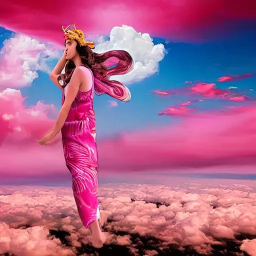 Image similar to goddess wearing a flamingo fashion in the clouds, photoshop, colossal, creative, giant, digital art, photo manipulation, clouds, sky view from the airplane window