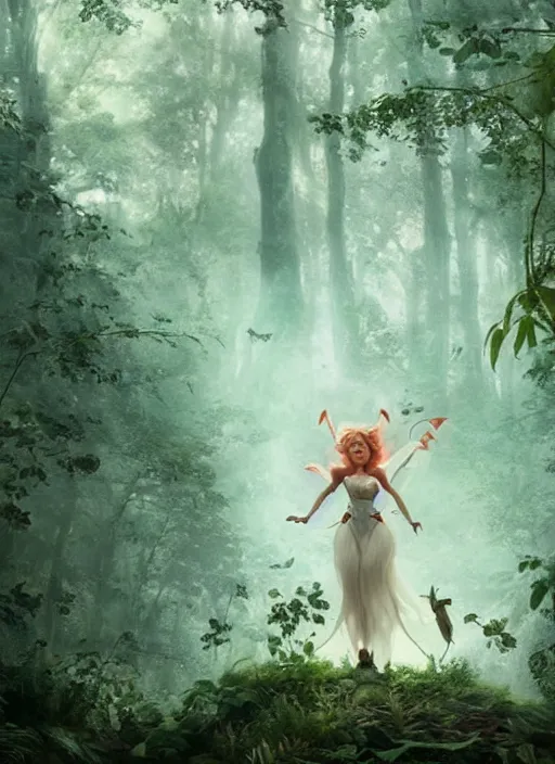 Image similar to evil tinker bell flying in an enchanted forest, flawless symmetrical pretty cute face, greg rutkowski, 8 k, shallow depth of field, intricate detail, concept art,