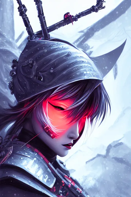 Prompt: portrait of female ninja gaiden momiji, metalic frost cyber ninja respirator, stormy snowy fiji mountain, incredibly beautiful, armored, highly detailed, digital painting, face detail, sharp focus, art, illustrations by loish and ayanamikodon and irakli nadar and rossdraws and wlop