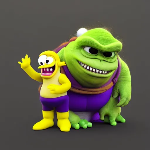 Image similar to donald trump godzilla yoda donkey kong pikachu yeti shrek super mario homer groot waluigi darth vader mike wazowski, highly detailed, extremely high quality, hd, 4 k, 8 k, professional photographer, 4 0 mp, lifelike, top - rated, award winning, cinematic, realistic, detailed lighting, detailed shadows, sharp, no blur, edited, corrected, trending