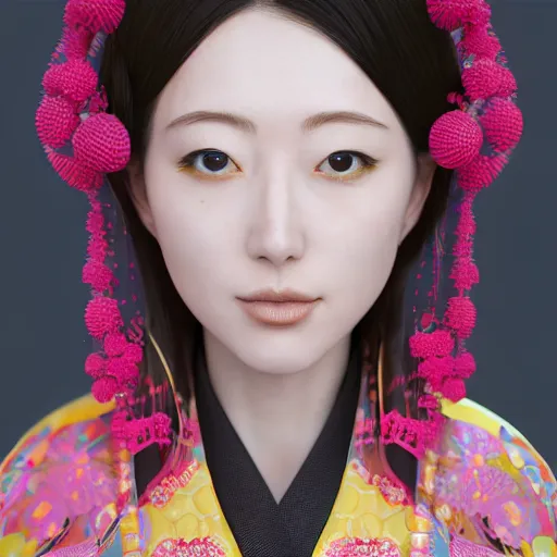 Image similar to centered portrait of a slight happy robotic 3D beautiful Japanese girl in kimono, hyperdetailed, digital painting, trending on Artstation, cel-shading style, CG society, hyperdetailed, digital painting, hypermaximalist, golden ratio, volumetric, octane render, weta digital, micro details, 3d sculpture