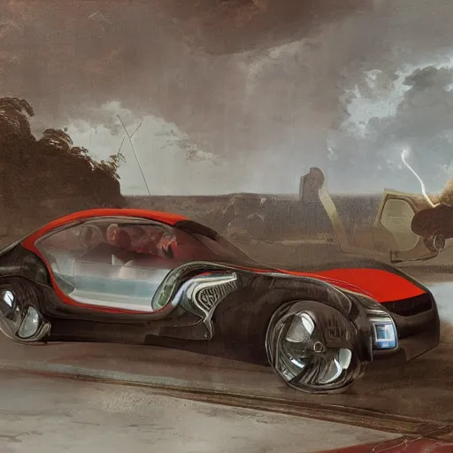 Image similar to sci-fi sport car f1 hatchback transport design organic smooth elastic forms 20% of canvas on the front; background wall structure on the coronation of napoleon painting 20% of canvas; by Jacques-Louis David, pinterest keyshot product render, cloudy plastic ceramic material shiny gloss water reflections, ultra high detail ultra realism, 4k