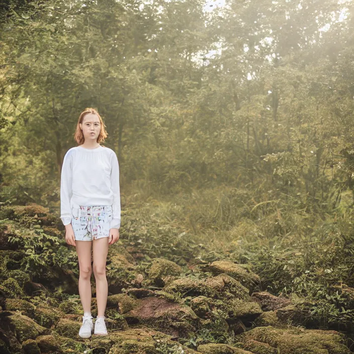 Image similar to a woman, in nature, backlit, wearing shorts, backlit, photo by Marat Safin, Canon EOS R3, f/1.4, ISO 200, 1/160s, 8K, RAW, unedited, symmetrical balance, in-frame