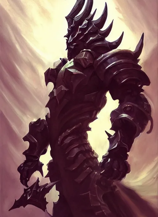 Image similar to Greg Manchess portrait painting of a demonic, devil armored character from league of legends, full shot, asymmetrical, profile picture, Organic Painting, sunny day, Matte Painting, bold shapes, hard edges, street art, cybernetic, metalic, robotic, trending on artstation, by Huang Guangjian and Gil Elvgren and Sachin Teng