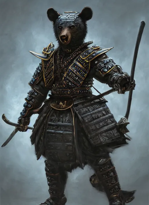 Image similar to samurai in full armor anthropomorphized Asian black bear, epic pose, Ivan Aivakovsky, Boris Vallejo, epic fantasy character art, D&D Concept Art, full length, Realistic, Regal, Refined, Detailed Digital Art, Oil Paining, Exquisite detail, post-processing, masterpiece, Cinematic Lighting, Unreal Engine, 8k, HD