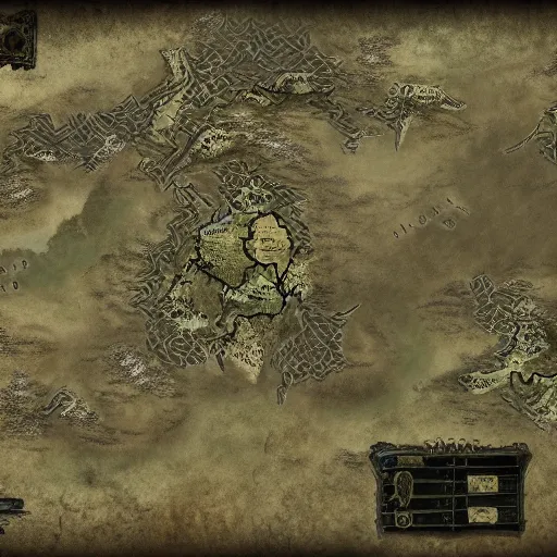 Image similar to Elder Scrolls Skyrim game screenshot of a large map on a table that is shaped like a fox