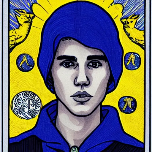 Prompt: Justin Bieber in Thoth tarot deck, style of Lady Frieda Harris, 4K