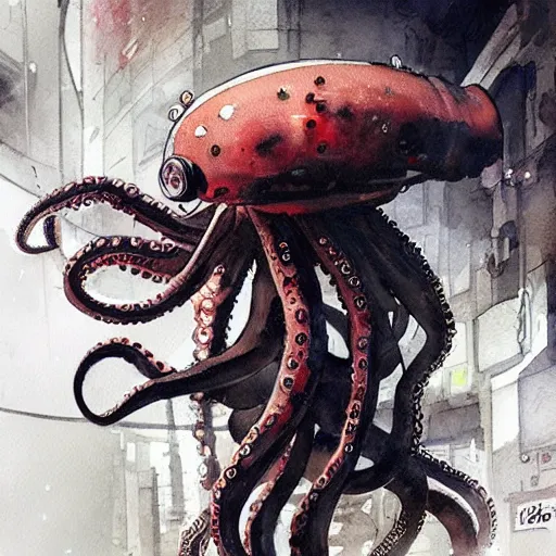 Image similar to octopus in space, cyberpunk, realistic, detailed, Industrial Scifi, paint, watercolor, in the style of Ashley Wood and Wadim Kashin