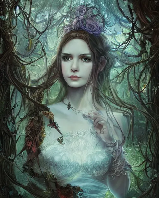 Prompt: A beautiful maid in a magical forest, beautiful face, very detailed face, fantasy art, in the style of JOHN STEPHENS, illustration, epic, fantasy, intricate, hyper detailed, artstation, concept art, smooth, sharp focus
