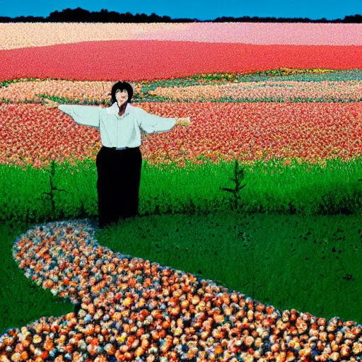 Image similar to man stands on a meadow made of popcorn, studio ghibli