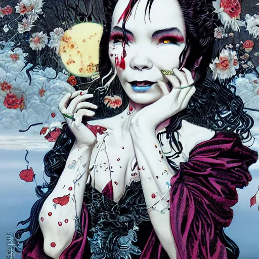 Image similar to portrait of crazy beautiful singer bjork as vampire, ymmetrical, by yoichi hatakenaka, masamune shirow, josan gonzales and dan mumford, ayami kojima, takato yamamoto, barclay shaw, karol bak, yukito kishiro