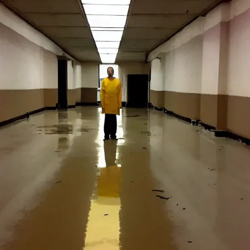 Image similar to flash low quality photograph of a male scientist wearing a lab coat in the backrooms, mustard - yellow old moldy moist carpet room, empty liminal space, very dark shadows, broken fluorescent lighting, horror movie scene, film grain