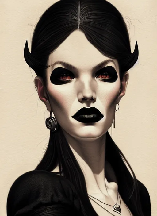 Prompt: portrait of a woman with a hook nose and a confident expression, 1 9 6 0 s, black clothes, goth, punk, funk, intricate, elegant, highly detailed, digital painting, artstation, concept art, smooth, sharp focus, illustration, art by wlop, mars ravelo and greg rutkowski