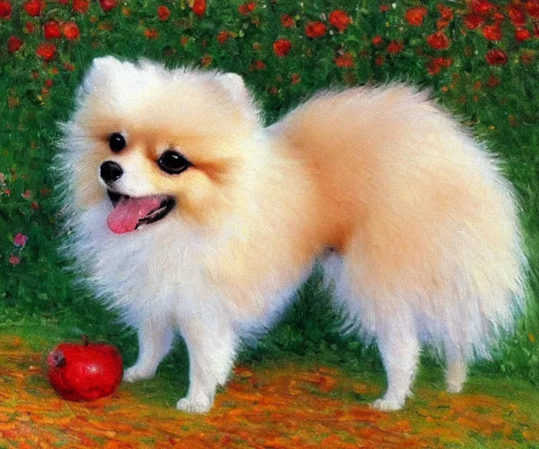 Image similar to pomeranian, cute, monet, oil painting