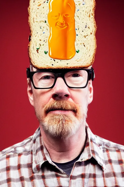 Image similar to 📷 portrait of adam savage as a sandwich, food head, still image, dynamic lighting, 4 k