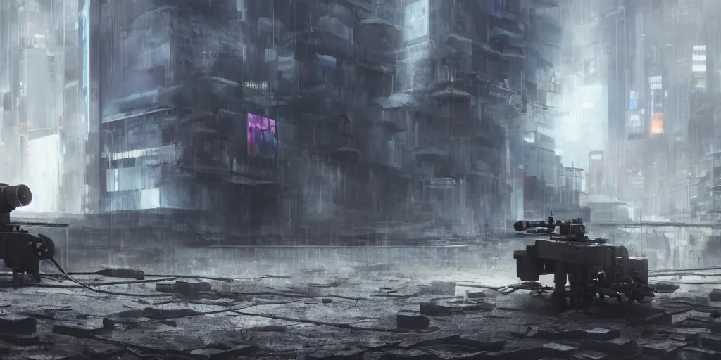 Prompt: a film still from ghost in the shell by james paick - a symmetrical military cannon clamped into the broken concrete fires into a research facility, vibrant, 5 0 mm lens, video game environment design, behance hd, evening, dramatic lighting, rainy and misty, cinematic, global illumination, deviant art, trending on artstation, bloom