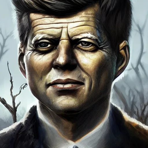 Prompt: fantasy portrait of an energetic john f kennedy with silky, cloudy grey hair, black scars on his face, swamp vegetation in the background, nocturnal palette, art by greg rutowski, raphael lacoste, eddie mendoza, artgerm, trending on artstation
