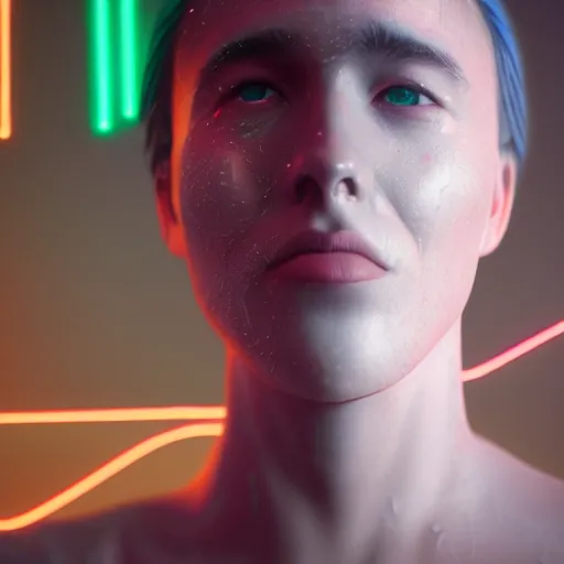 Image similar to a human made out of rain, neon, rendered in octane, unreal engine, highly detailed, realistic, beautiful, emotional