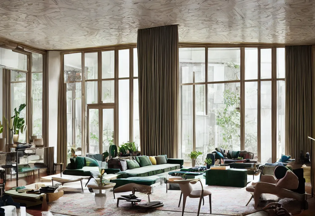 Image similar to a living room, modern interior design, residential design, floor - to - ceiling windows, by india mahdavi and henri matisse, trending ，