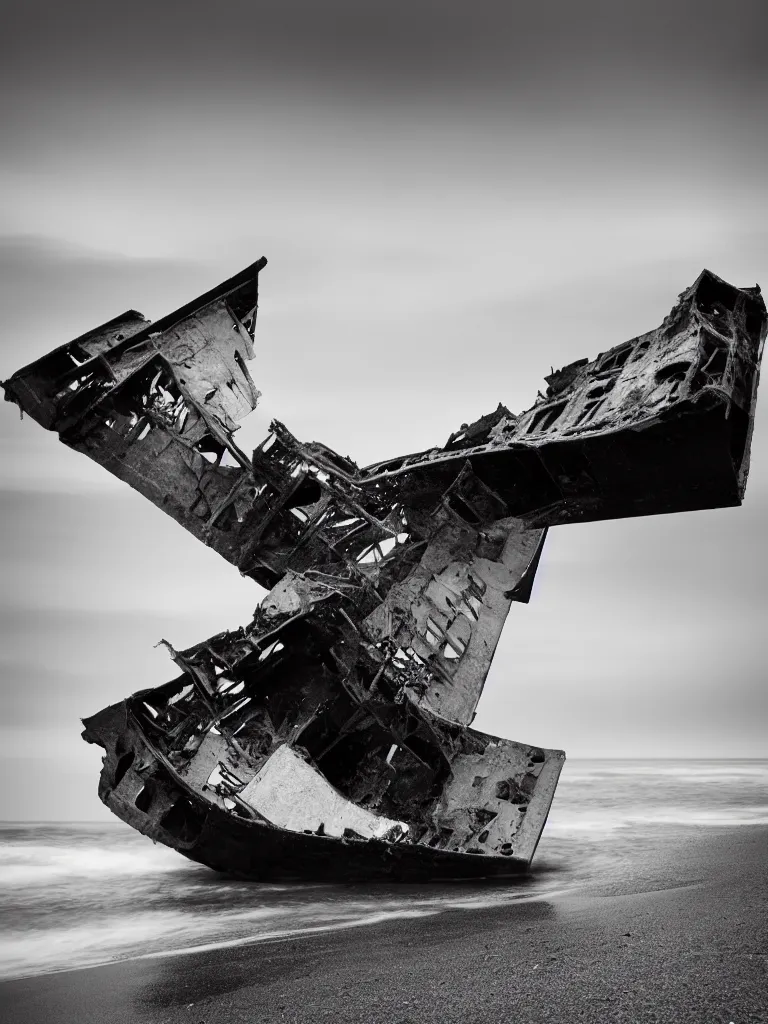 Prompt: long exposure photography of a ship wreck in the sea, photorealistic, minimalism, black and white fine art photography
